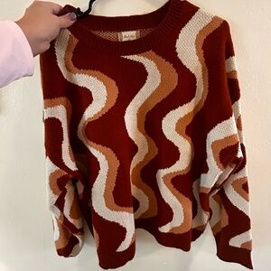 Altar'd State Wavy Knit Sweater - Red, White, Tan